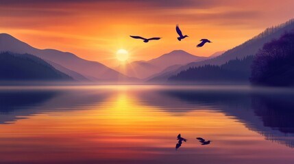 Fototapeta premium Serene sunset over a tranquil lake with mountains and birds flying in the sky