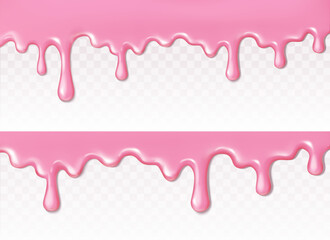Vector realistic illustration. Pink liquid chocolate border. Melting ice cream, color paint, icing drops flowing down, nail polish texture