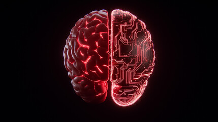 Futuristic Human Brain Merging with Circuit Board and AI Elements
