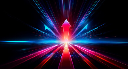 Vibrant red and blue arrows point upwards on black. Light rays emanate from the central arrow, suggesting forward motion and energy.