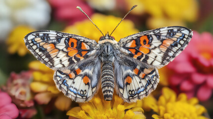 Obraz premium Painted Beauty: A close-up shot of a captivating butterfly, its intricately patterned wings spread wide, showcasing a kaleidoscope of colors against a background of vibrant flowers