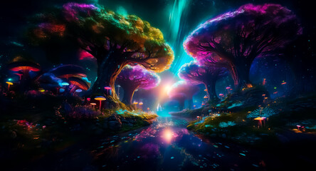 Enchanted night landscape with luminescent trees and flora. Vivid colors illuminate a mysterious forest path under a bright light.