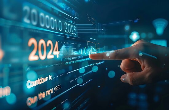 Close-up photo of a hand pointing at a progress bar with the text "2024" and numbers going from left to right