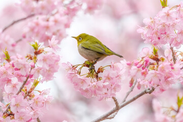 Fototapeta premium 河津桜とメジロ