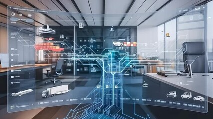 Futuristic display showing transport logistics: planes, ships, trucks, and a complex network