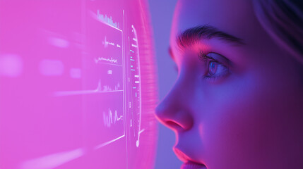 Futuristic Smart Mirror Displaying Health Stats to a Young Woman in Ambient Lighting
