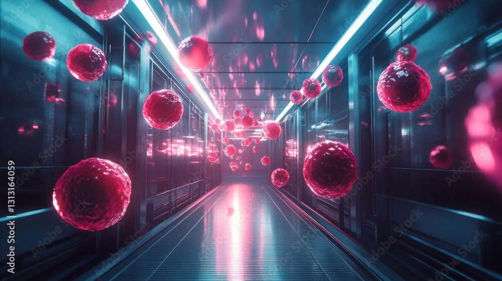 Poster futuristic pathway with floating red cells in high-tech environment