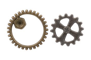 Two vintage metal gears in brass and silver tones, showcasing a steampunk and industrial aesthetic....