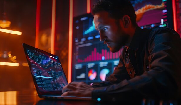 Businessman using a laptop with a virtual screen displaying financial data and graphs in the background, a business decor concept for global business in the technology of the future