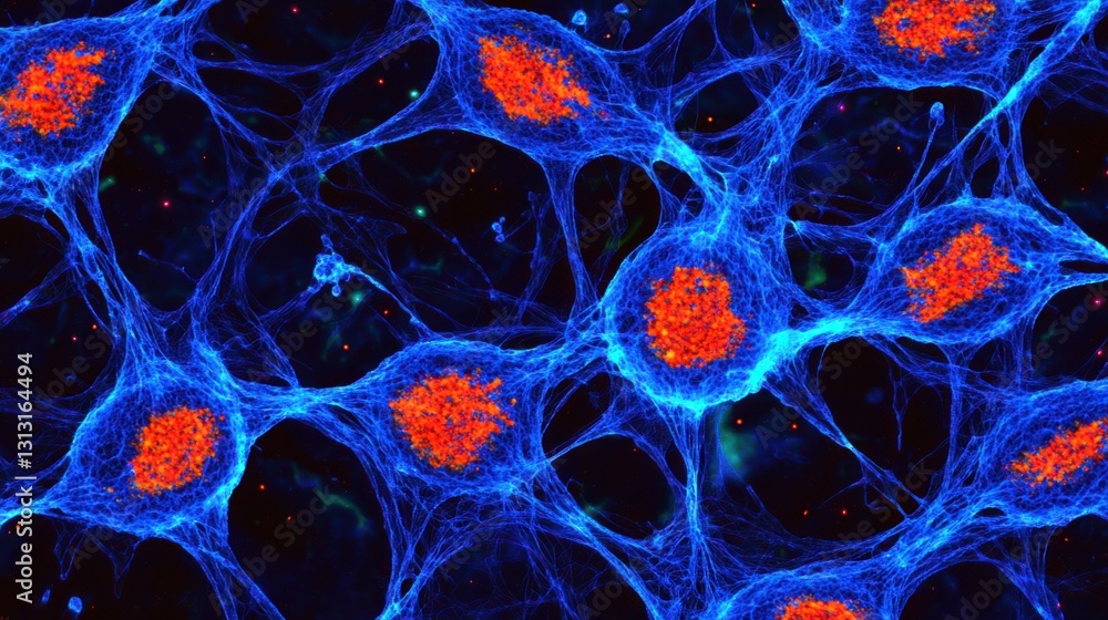 Poster blue and red cellular structures illustrating biological networks