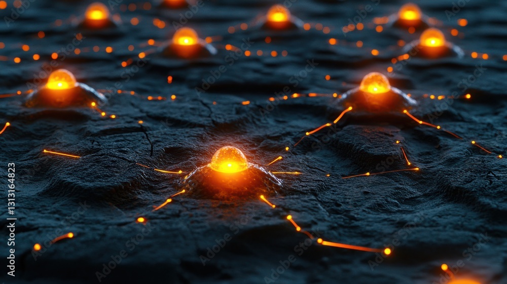 Poster abstract networks with glowing orbs on dark textured surface