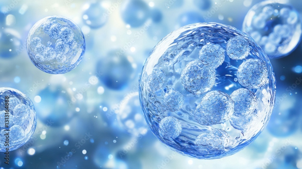 Aufkleber blue microscopic cells in abstract fluid background with bokeh effects