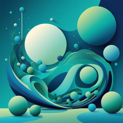 A futuristic, modern 3D illustration features glossy blue and green spheres and cylinders on a vibrant, abstract gradient background, blending digital minimalism with geometric elegance.