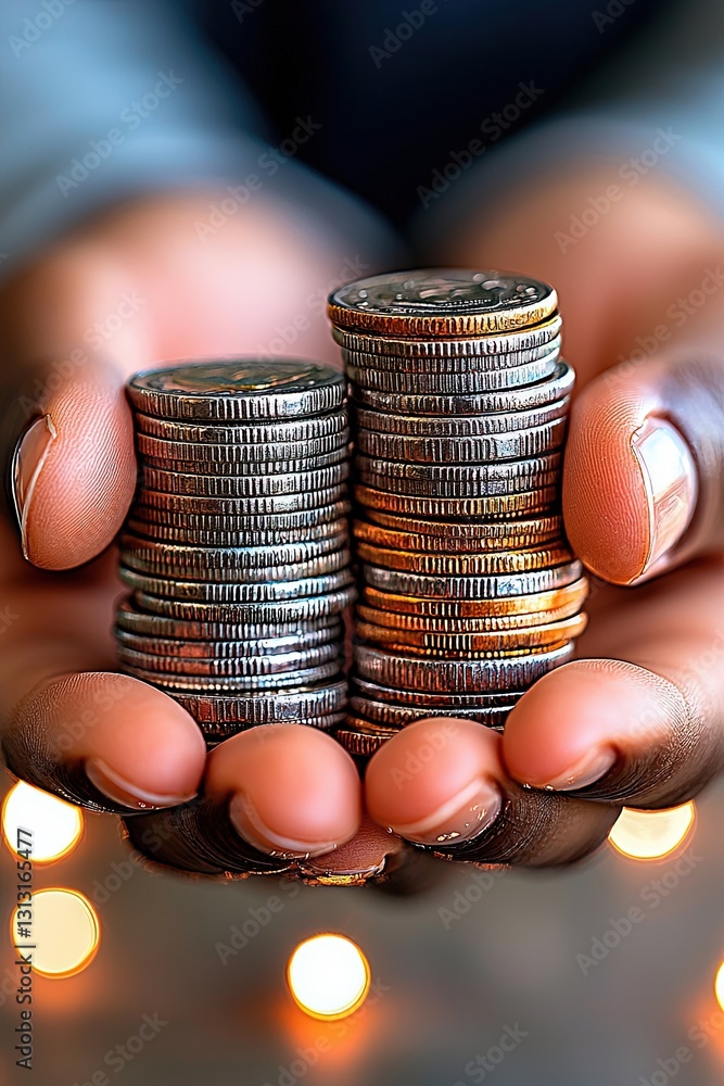 Poster hands holding stacks of coins on blurred background with bokeh effect in warm tones for financial co