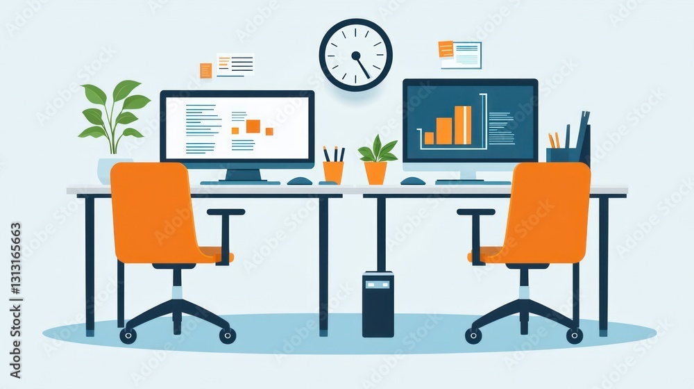 Poster modern office workspace with two computers