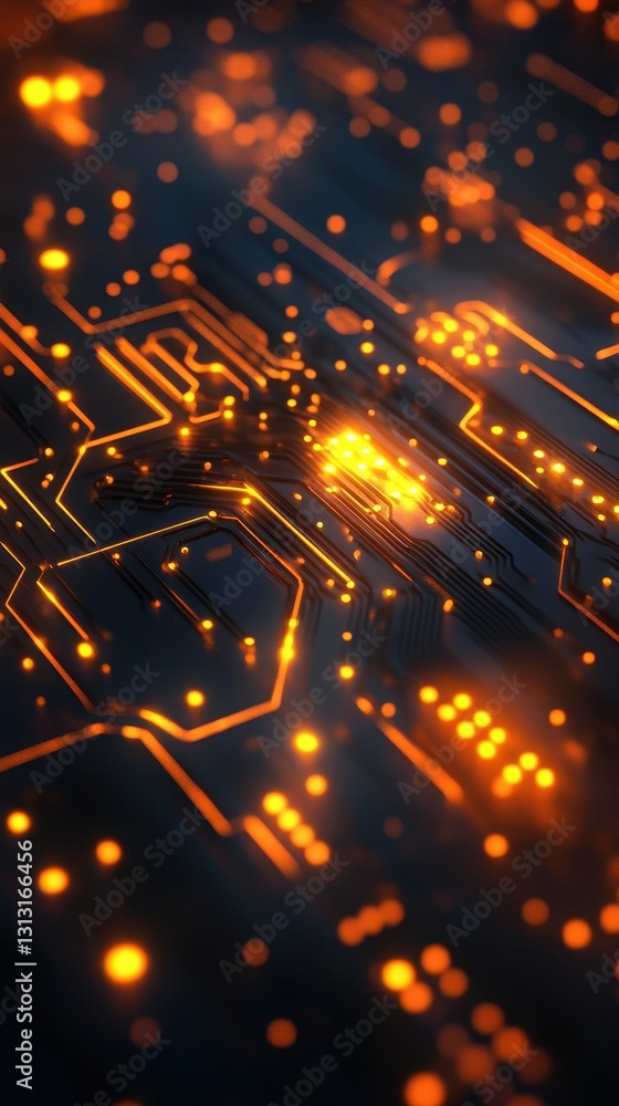 Poster illuminated orange circuit board with interconnected pathways and glowing dots