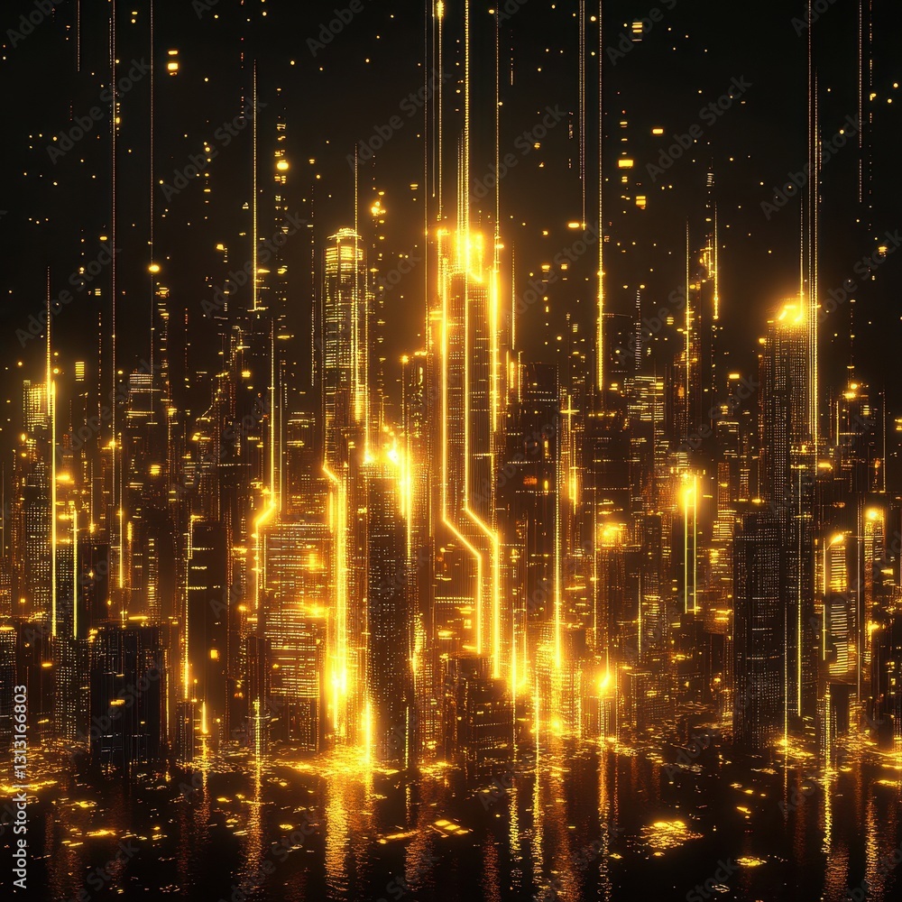 Poster illuminated cityscape with glowing lines and modern architectural structures in the dark