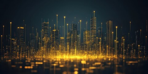 Fototapeta premium Illuminated urban cityscape featuring interconnected glowing digital network lines