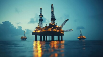 Obraz premium Night view of illuminated oil rigs on the ocean, showcasing industrial activity and calm waters