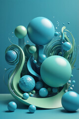 A futuristic, modern 3D illustration features glossy blue and green spheres and cylinders on a vibrant, abstract gradient background, blending digital minimalism with geometric elegance.