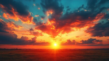 Dramatic Sunset Over Field, Stunning Sky, Golden Hour, Peaceful Landscape, Stock Photo