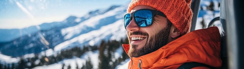 Happy Man in Orange Jacket Enjoying Winter Mountain Adventure
