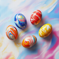 Fototapeta premium painted multicolored Easter eggs on a flat colored light background 