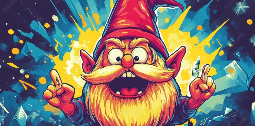 Poster an excited dwarf with beard and pointed fingers is gesturing