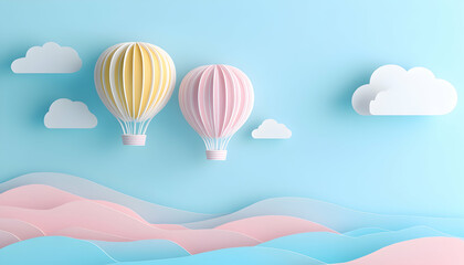 Obraz premium Pastel paper hot air balloons float gently over a stylized paper landscape, creating a whimsical, dreamy scene perfect for children's books, websites, or blogs.