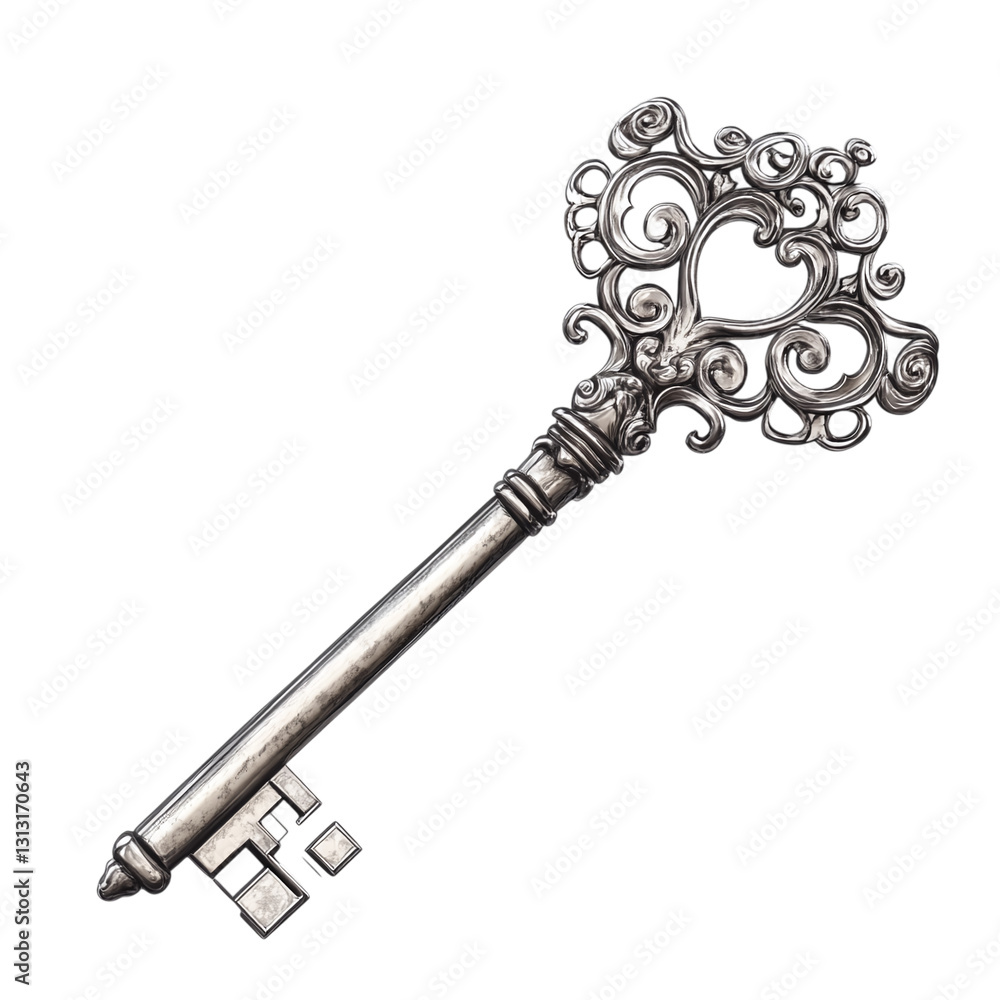 Poster silver key with intricate details isolated on transparent background