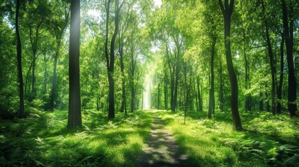 Naklejka premium Path illuminated by sunlight through lush green trees in a vibrant forest