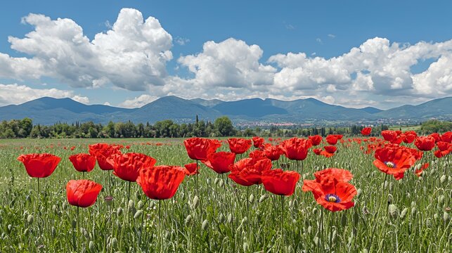 Vibrant Red Poppies Field Under Blue Sky with Mountain Background - Powered by Adobe