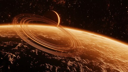 Celestial Rings: A surreal planetary scene unveils a mesmerizing planet embraced by luminous rings against a backdrop of the vast, star-speckled cosmos. 