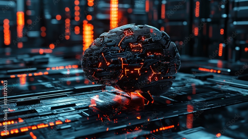 Poster futuristic brain with circuit design in high-tech environment