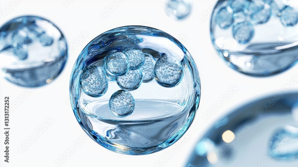 Poster transparent bubbles with blue particles floating in fluid environment