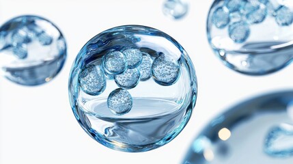 Transparent Bubbles with Blue Particles Floating in Fluid Environment