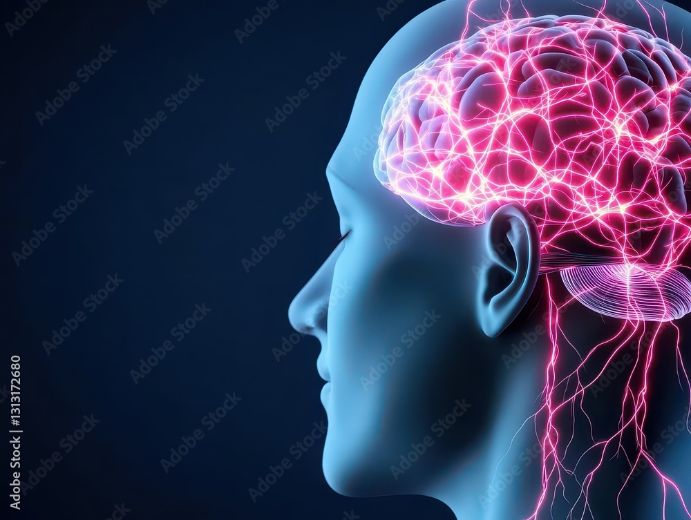 Fototapete Human head with brain highlighted in red signifying focus on cognitive function and neurological health
