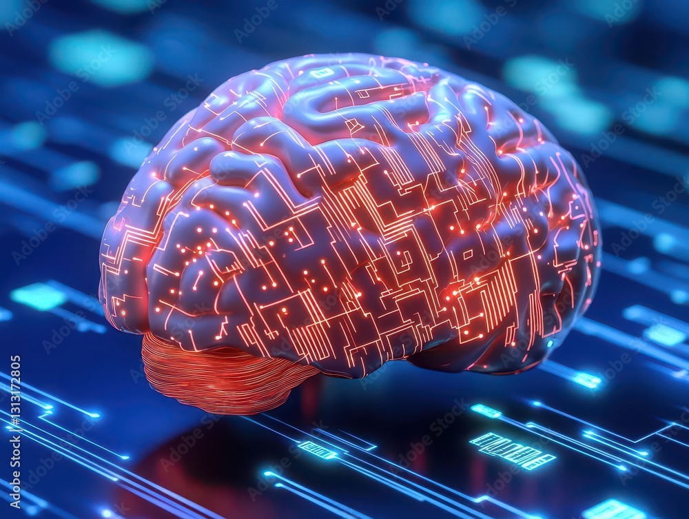 Poster Human brain with circuit patterns illustrating the intersection of technology and neuroscience in modern society