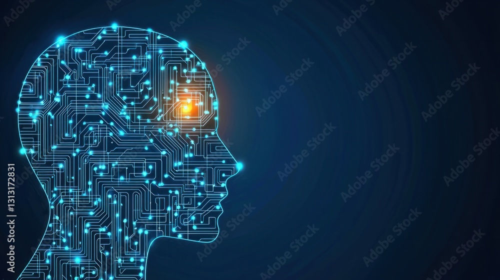 Poster digital profile of a human head with circuit patterns and lights
