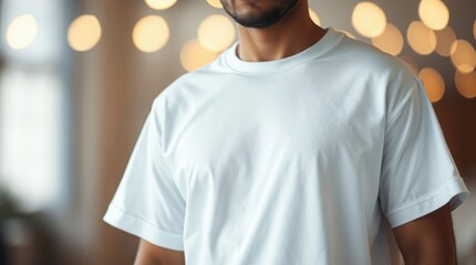 A photo of a man's body wearing a white oversized t-shirt mockup with a sharp subject focus and soft, blurred bokeh background. The man's face is concealed