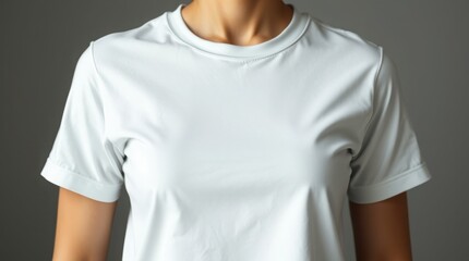 Modern flat design extreme macro close-up of a white mockup t-shirt on a faceless female body, minimal detail, simple two-dimensional shapes