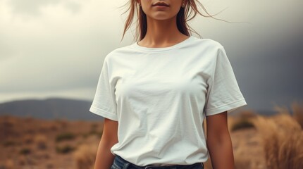 A woman's body, only, showing a white mockup t-shirt; soft dreamy atmosphere, natural earth tones, stormy skies, high tension, browns, beiges, muted colors, hazy soft light, no face visible