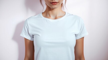 Soft pastel colors and intense, dramatic lighting create high contrast and tension around a woman's body, only, displaying a white mockup t-shirt. Gentle and soothing overall effect