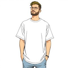 Hand-drawn color sketchnote style man wearing an oversized white t-shirt mockup detailed sketch