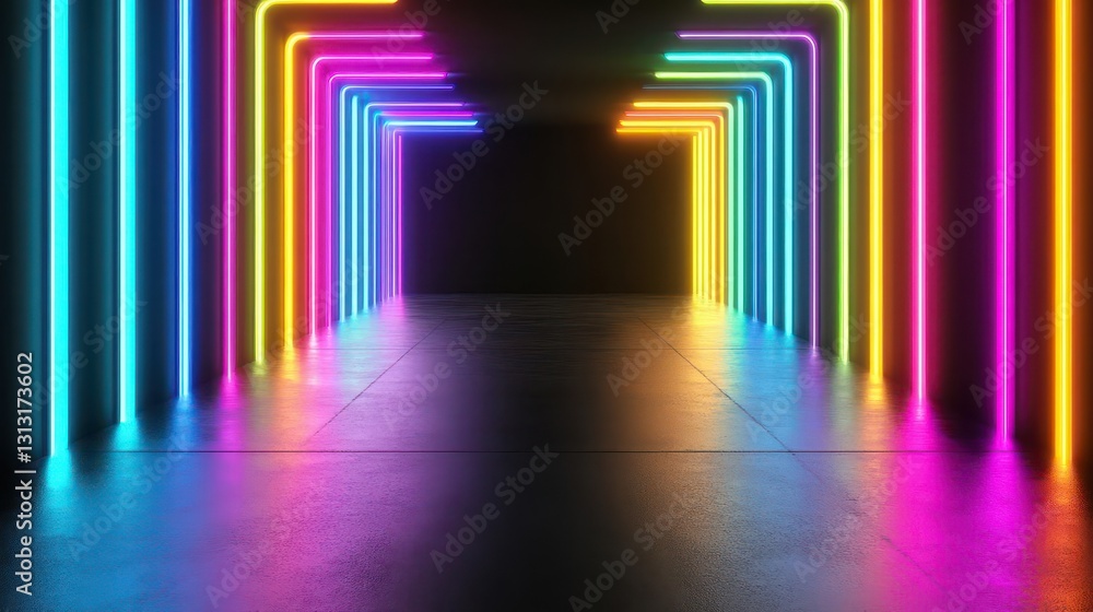 Aufkleber Captivating long tunnel illuminated with neon lights creating a futuristic atmosphere and dynamic sense of movement