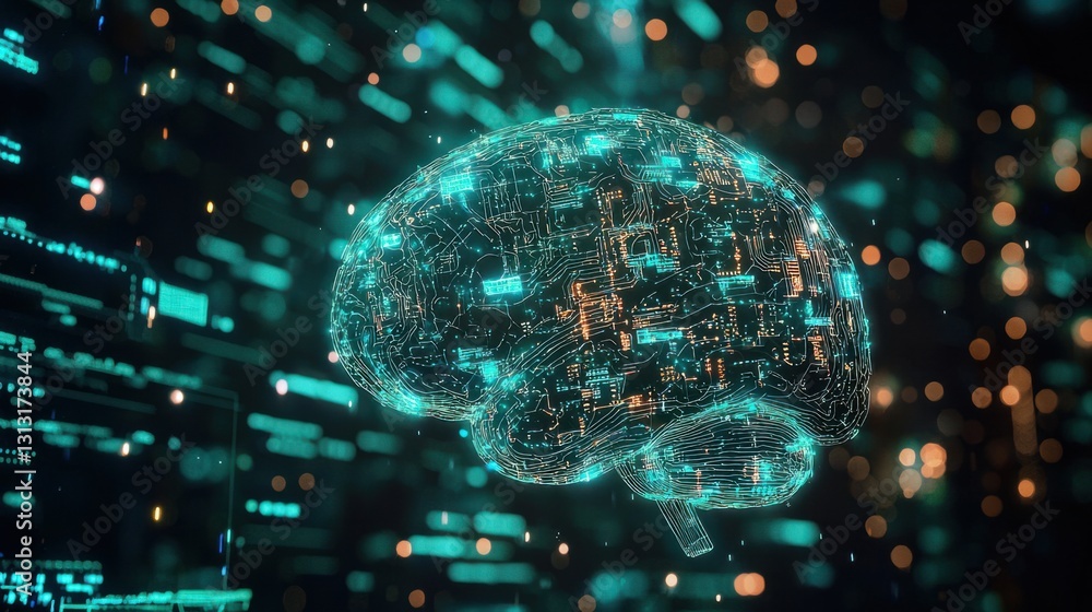 Poster futuristic digital brain model with circuit patterns and glowing lights