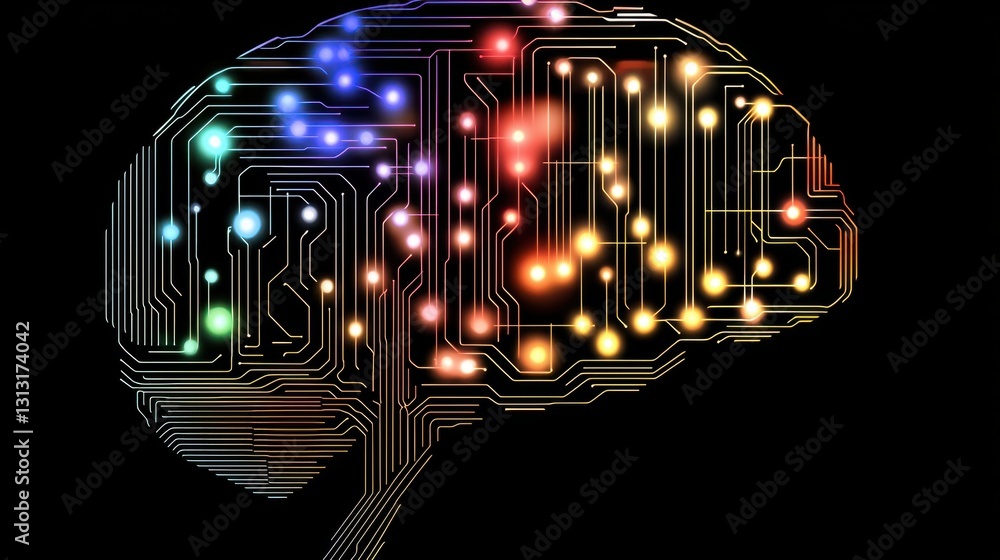 Poster colorful abstract brain with circuit patterns and glowing lights