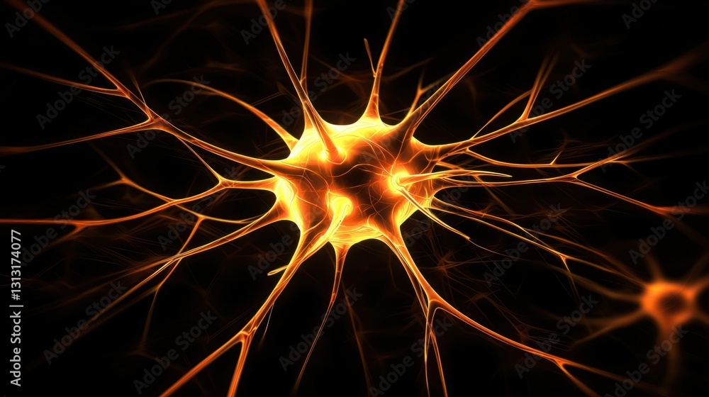 Poster abstract representation of a glowing neuron on a dark background