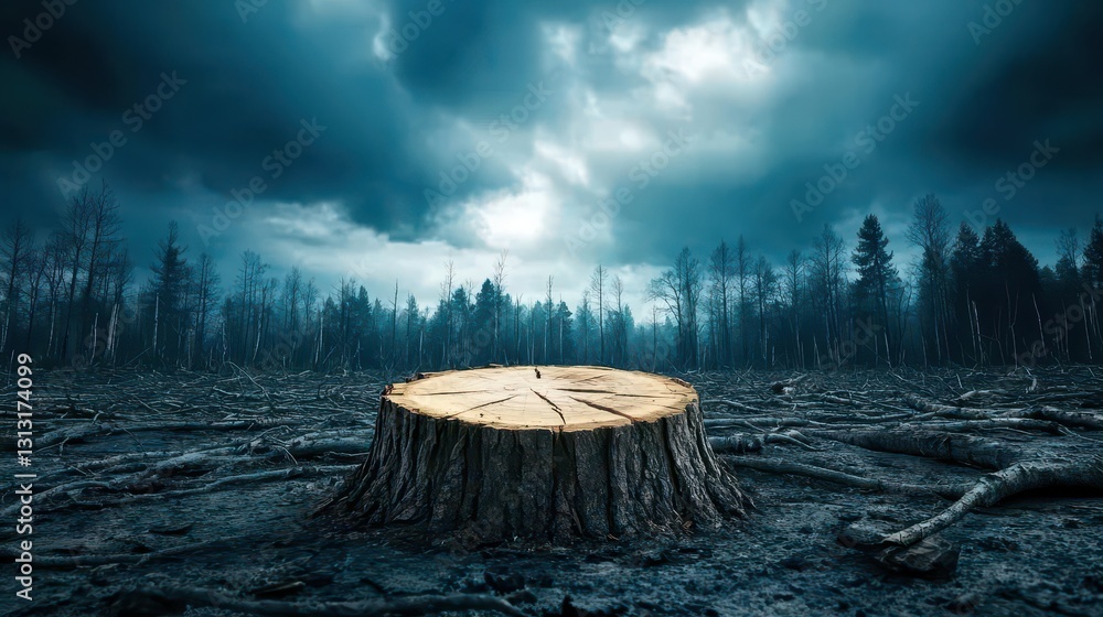 Poster Tranquil tree stump in lush forest surrounded by greenery and soft light creating a peaceful natural environment