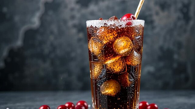 refreshing glass of cherry cola with ice cubes and straw

